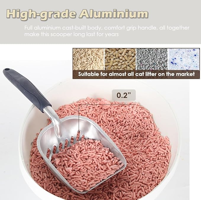 Heavy-Duty Metal Cat Litter Scoop with Holder, Aluminum Cats Litter Scooper Captures All Clumps, Kitty Metal Scooper and Holder (White)-Mewly Pet