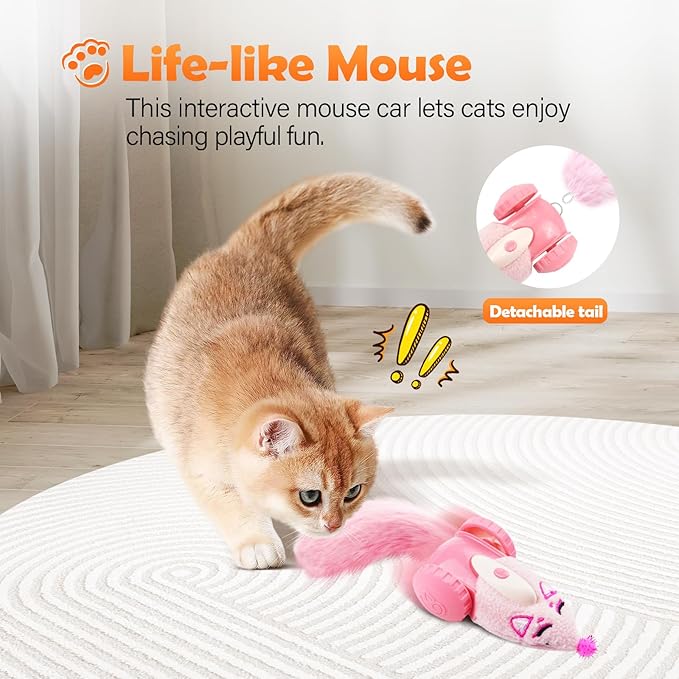 Migipaws Automatic Cat Toys, Plush Cat Mouse Toy, Interactive Toy for Indoor Cats, Smart Moving Kitten Toy, Rechargeable (Pink)-Mewly Pet