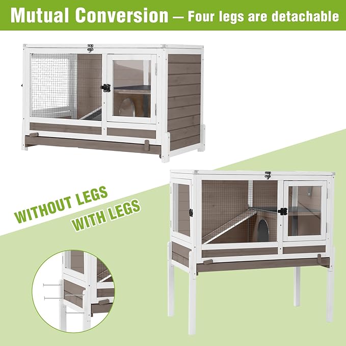 GUTINNEEN Indoor Rabbit Hutch Guinea Pig Cages with Chew-Proof Ramp, 2-Story Wooden Bunny House with Pull-Out Tray & Leakproof PVC Layer, Small Animal Cage with Detachable Legs-Mewly Pet