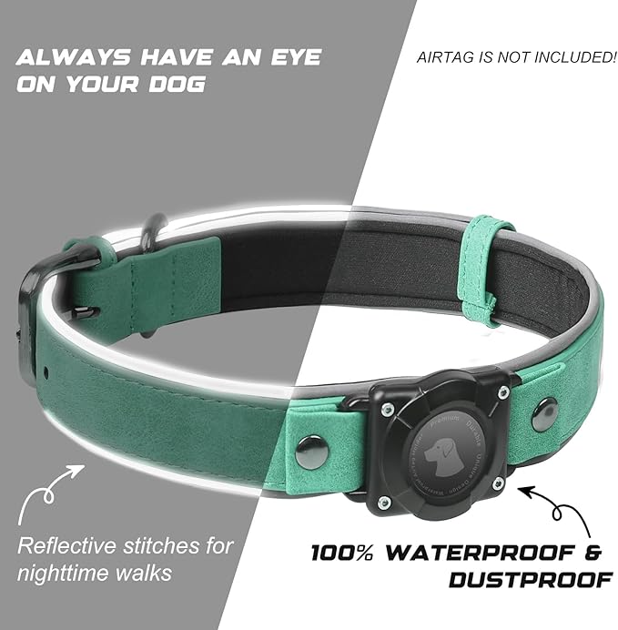 AirTag Dog Collar - Leather Dog Collar with Air Tag Holder | IPX8 Waterproof, Reflective, High - End, Adjustable Soft Padded | Dog GPS Tracker Collars Fit for Medium Large Dogs (Teal, L)-Mewly Pet