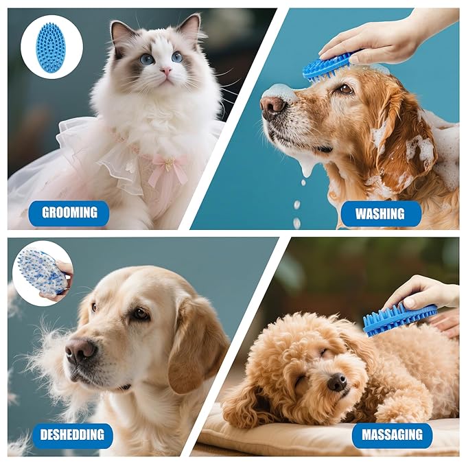 Dog Grooming Brush, Lilpep Pet Shampoo Bath Brush Soothing Massage Rubber Comb with Adjustable Ring Handle for Long Short Haired Dogs and Cats (2 pale blue, 2 sided brush)-Mewly Pet