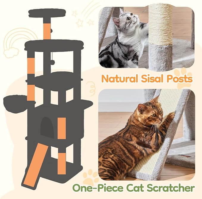 Taoqimiao 72 Inches Cat Tree for Large Cats, Multi-Level Tall Cat Tower, Widened Cat Condo with Large Scratch Board, 5 Scratching Posts, Metal Hammcock, Cozy Basket, Light Gray, MS045W-Mewly Pet