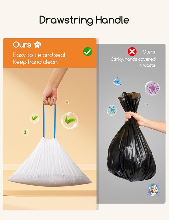 MeoWant Cat Litter Box Liner -120PCS Heavy Duty Drawstring Trash Bags for MeoWant MW-SC01/MW-SC02 Automatic Self-Cleaning Boxes, Extra Thick Leakproof, 6 Rolls (20 Bags/Roll)-Mewly Pet