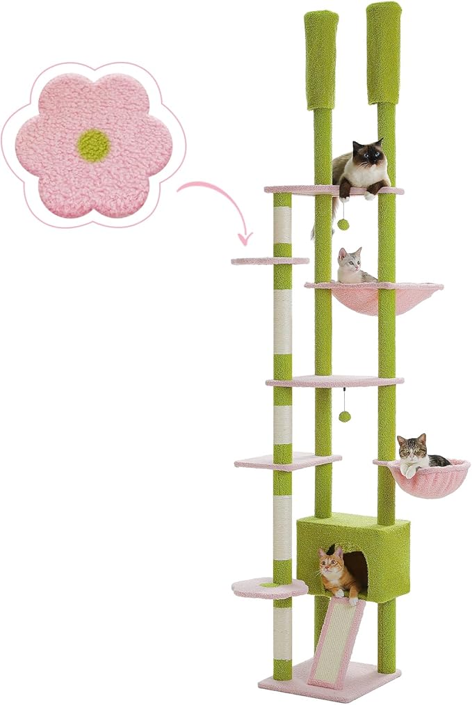 PEQULTI Tall Cat Tree Floor to Ceiling Cat Tower Adjustable Height (90.5''-100.4'' = 230cm-252cm) with Cat Condo, Cozy Hammock and Scratching Post, Pink Flower Climbing Tree for Indoor Cats, Pink-Mewly Pet
