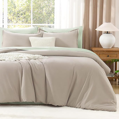 Litanika Oatmeal Comforter Queen Size, 3 Pieces Lightweight Solid Bedding Comforter Set, All Season Fluffy Bed Set (90x90In Comforter & 2 Pillowcases)