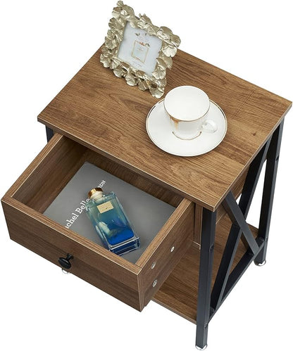 VECELO Nightstands Set of 2, Modern Bedside End Tables, Night Stands with Drawer and Storage Shelf for Living Room Bedroom, Industrial Metal Frame
