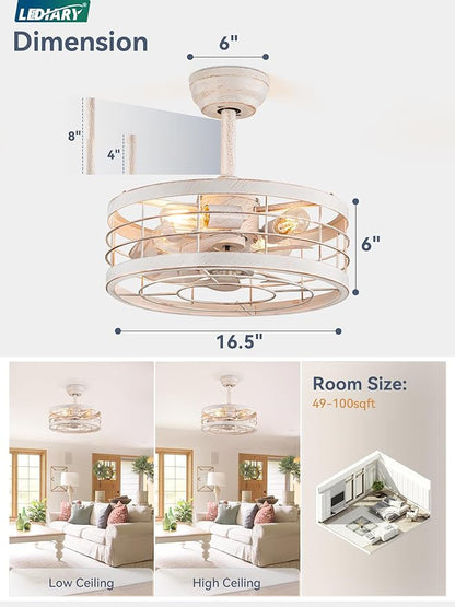 LEDIARY 16.5in Caged Ceiling Fan with Light, Fandelier Industrial Ceiling Fan with Remote, Rustic Metal Fan Lights Ceiling Fixtures for Kitchen, Farmhouse, Bedroom（6 Speed, Timing）-White and Gold