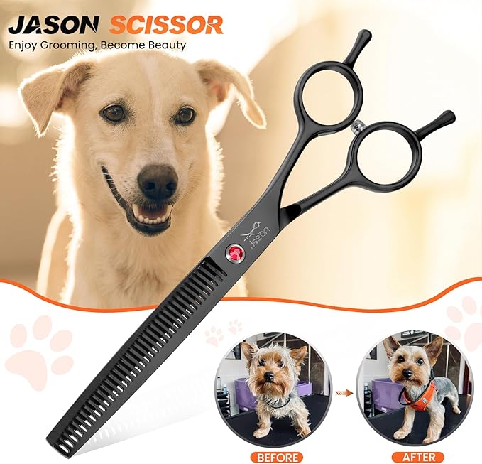 JASON 7.5" Dog Grooming Scissor - Professional Thinning Shear with 37 Teeth Japanese Stainless Steel Blender Scissors for Dogs, Cats and Other Pets (Thinning, Black)-Mewly Pet