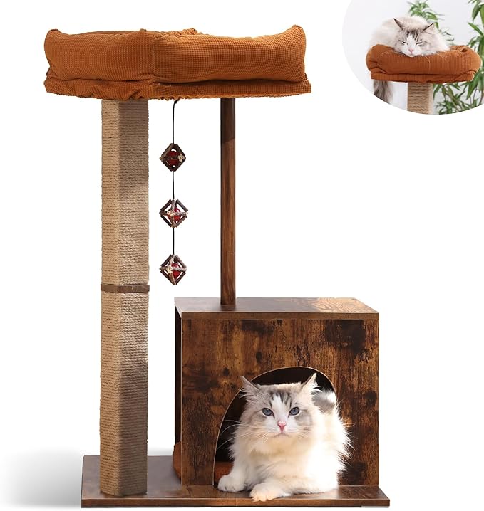 FUKUMARU Cat Scratching Post, Modern Style Cat Tree with Unique Square Post, Wooden Cat Tower with silvervine Balls, Retro Cat Condo Scratcher for Indoor Cats（Solid Wood）-Mewly Pet
