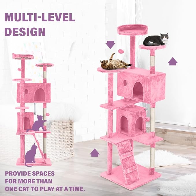 70 inches Cat Tower for Indoor Cats Multi-Level Cat Condos for XL Cat Tree Cat Climbing Tower with Scratching Posts, Hanging Toys,Pink-Mewly Pet