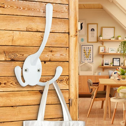 IBosins 6 Pack Big Heavy Duty Three Prongs Coat Hooks Wall Mounted with 12 Screws Retro Double Utility Rustic Hooks for Thick Coat, Big Heavy Bags (White)