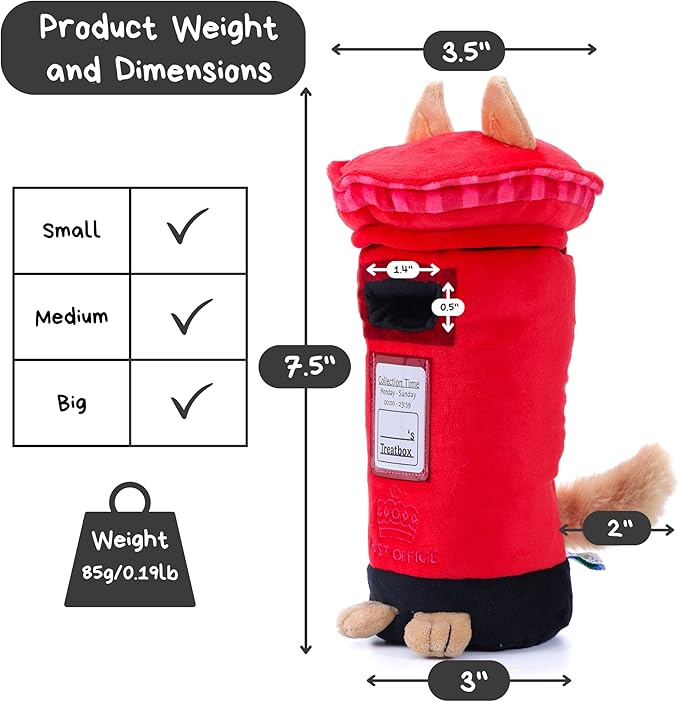 British Postbox Treat-Dispensing Soft Plush Squeaky Pet Toy - Iconic UK Enrichment Gift, Durable Cute & Fun Toy for Interactive Play, Hide Food for Nose-Work Puzzle, Small Medium Dogs-Mewly Pet