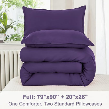 Litanika Purple Comforter Set Full Size, 3 Pieces Lightweight Solid Bedding Comforter Set, All Season Fluffy Bed Set (79x90In Comforter & 2 Pillowcases)