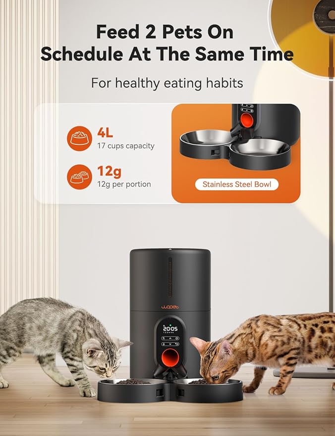 WOPET Automatic Cat Feeders 2 Cats-Timed Cat Feeder with Stainless Steel Bowl, Programmable 1-6 Meals Control, Dual Power Supply Auto Pet Feeder for Cats and Dogs-Mewly Pet