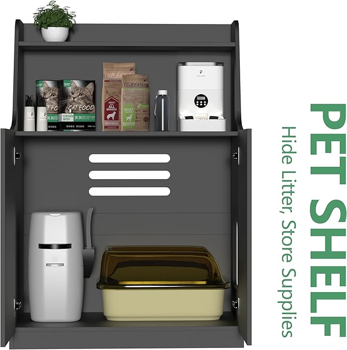 Large/Tall Litter Box Enclosure, Modern Wooden Litter Box Furniture for XL Litterbox with Open Shelf as Sideboard Cabinet (Black)-Mewly Pet