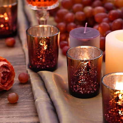 Volens Burgundy Votive Candle Holders Set of 12, Speckles Mercury Glass Tealight Candle Holder Bulk for Table Wedding Centerpiece, Burgundy and Gold Themed Party Decorative & Home Decor
