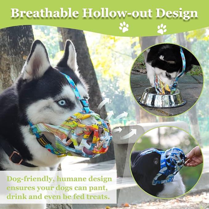 Dog Muzzle, Printed Basket Muzzle for Small Medium Large Dogs Dachshund, Beagle, German Shepherd, Breathable Pet Muzzles to Prevent Biting Chewing Scavenging, Allows Panting and Drinking-Mewly Pet