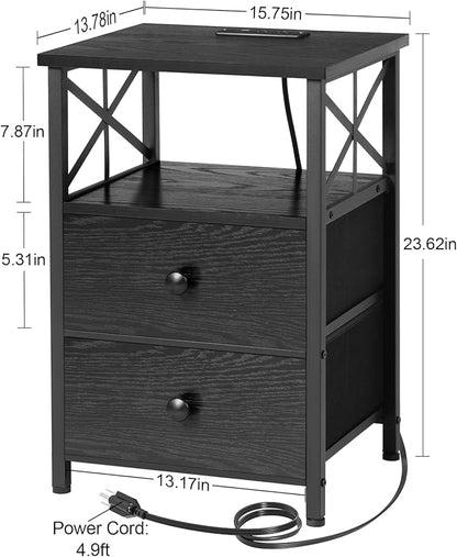 AMHANCIBLE Night Stand Set 2, Black Nightstand with Charging Station, End Tables Living Room with USB Ports and Outlets, Bedside Table with Fabric Drawers for Bedroom, HET05XBK