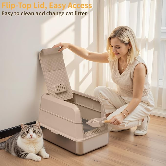 Stainless Steel Litter Box with Lid, XL Extra Large Cat Litter Box, Enclosed Metal Litter Pan with High Sided Enclosure & Scoop, Anti Leakage, Easy to Clean, Odor Control(Khaki)-Mewly Pet