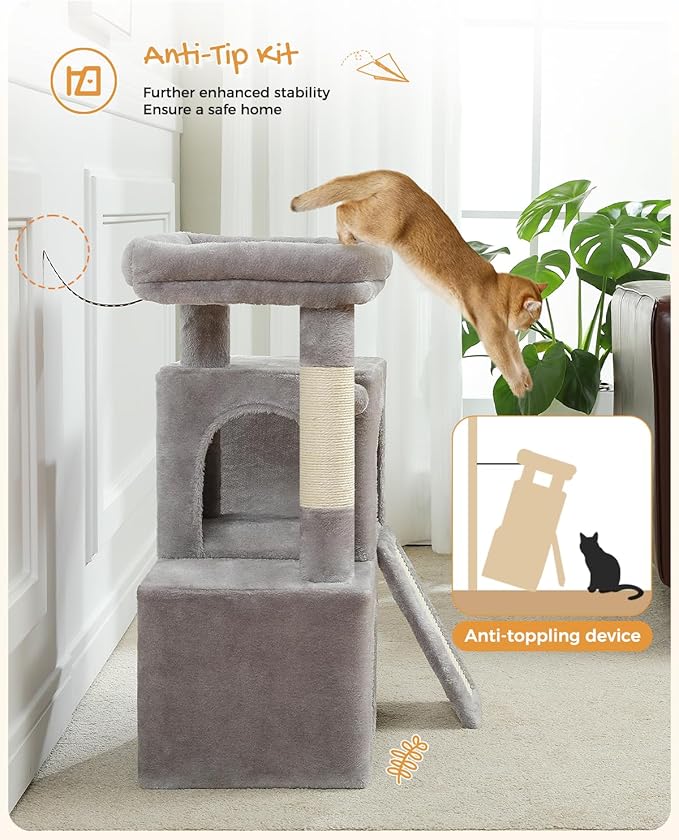 PAWZ Road Cat Tree, 30 Inches Cat Tower with Dual Condos for Indoor Cats, Plush Cat House with Padded Perch, Scratching Ramp and Posts and Replaceable Balls-Gray-Mewly Pet
