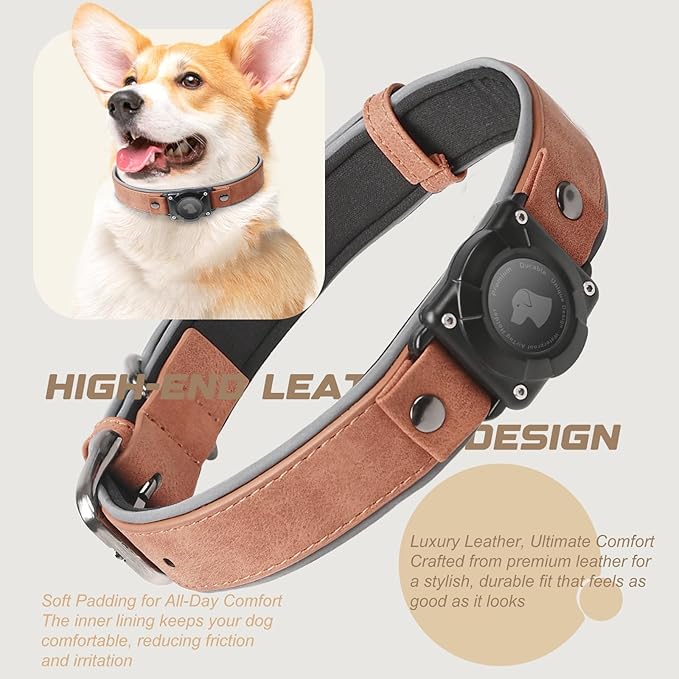 AirTag Dog Collar - Leather Dog Collar with Air Tag Holder | IPX8 Waterproof, Reflective, High - End, Adjustable Soft Padded | Dog GPS Tracker Collars Fit for Medium Large Dogs (Mahogany Brown, XL)-Mewly Pet
