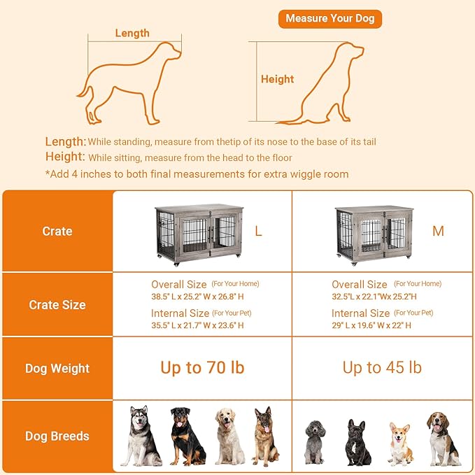 Lulive Large Dog Crate Furniture, 38'' Wooden Dog Crate End Table, Double Door Dog Kennel Indoor with Cushion & Wheels, Decorative Dog Cage House Chew-Resistant for Large/Medium, Grey-Mewly Pet