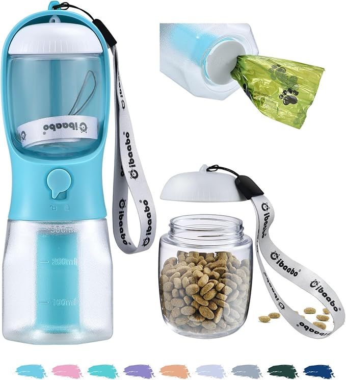 Dog Water Bottle with Food Container & Poop Bag Holder, Travel Water Bowl, Portable Pet Dispenser, Dog Stuff Accessories Items, Puppy Essentials Necessities for Yorkie Chihuahua Walking Hiking-Mewly Pet