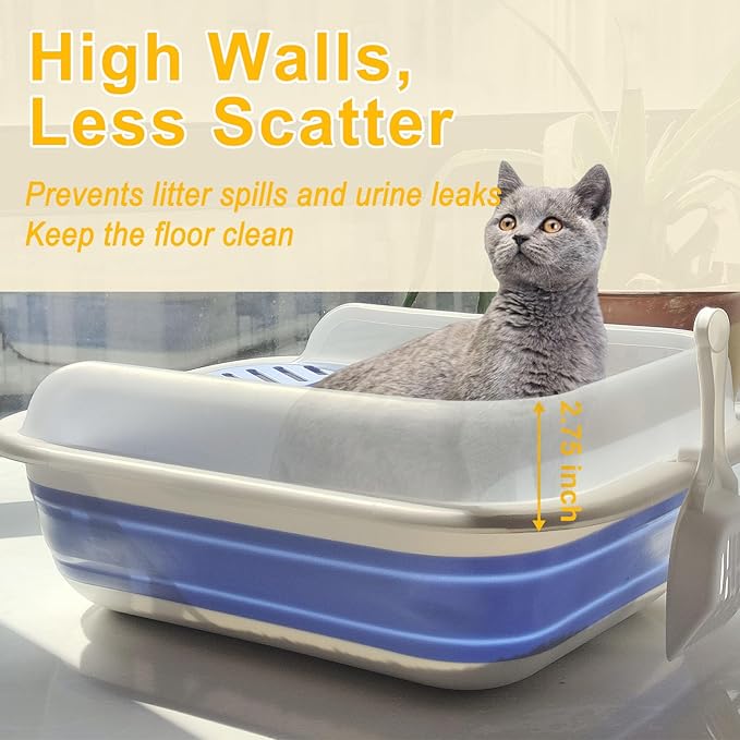 Open Cat Litter Box with High Side, Anti-Splashing Kitty Litter Pan Collapsible Travel Litter Potty Pan Scoop Leak-Proof Pedal Cat Toilet No Smell Easy Clean (M Gray High Side)-Mewly Pet