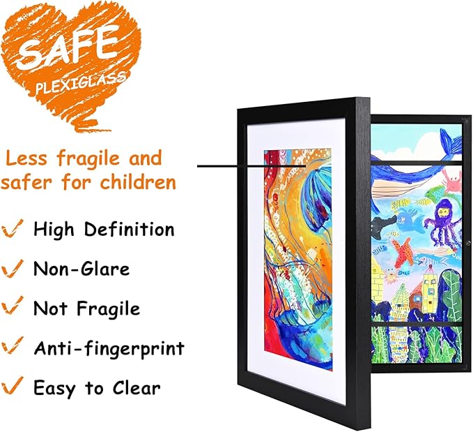 KINLINK 10x12.5 Kids Art Frames Set of 2, Solid Wood Kid Artwork Frames Changeable with Acrylic Front Opening Holds 150 Pictures with Mat or without Mat, Black