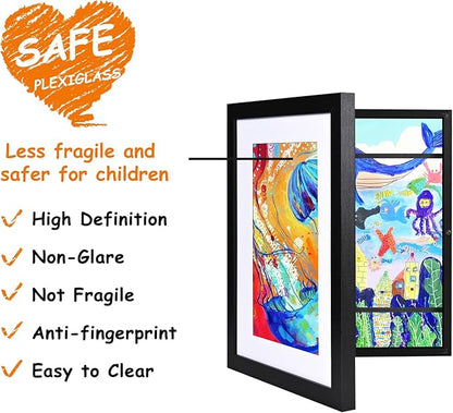 KINLINK 10x12.5 Kids Art Frames Set of 2, Solid Wood Kid Artwork Frames Changeable with Acrylic Front Opening Holds 150 Pictures with Mat or without Mat, Black