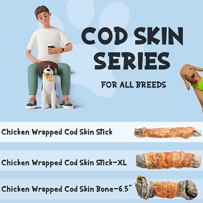 ASMPET Dog Treats Chews, Chicken Wrapped Cod Skin Sticks, Rawhide Free Cod Skin Treats for Dogs, 10.6 oz-Mewly Pet