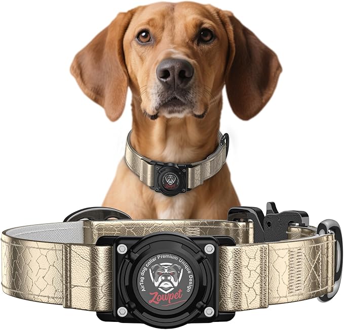 Airtag Dog Collar - Leather Dog Collar with Airtag Holder| IP68 Waterproof AirTag Holder with Metal Buckle, Comfortable GPS Dog Collars Tracker for Medium Large Dogs (Champagne Gold, XL)-Mewly Pet