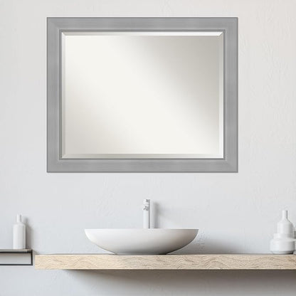 Amanti Art Silver Bathroom Mirror for Over Sink, 26x32 Vista Brushed Nickel Rectangle Vanity Mirror, Large Casual Frame, Hangs Horizonally and Vertically, Bathroom Wall Decor, Beveled Edge