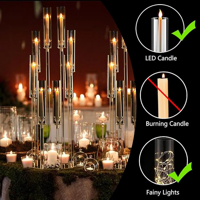 VINCIGANT 8 Arms Clear Candlesticks Holder for Wedding Decorations,Tall Arcylic Candelabra Candle Holder with Shade for Valentines Day Events Party Table Centerpiece,Fit LED Candles