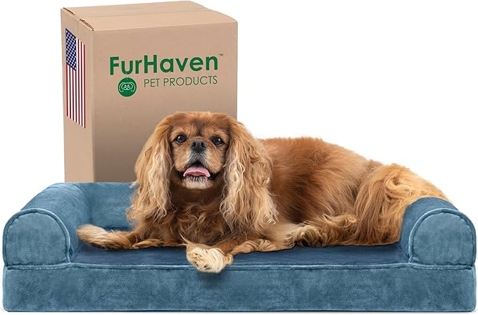Furhaven Cooling Gel Dog Bed for Medium/Small Dogs w/ Removable Bolsters & Washable Cover, For Dogs Up to 35 lbs - Faux Fur & Velvet Sofa - Harbor Blue, Medium-Mewly Pet