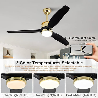 BOJUE 52 Inch Black Gold Ceiling Fans with Lights and Remote, Reversible Quite DC Motor,6 Speeds with Memory Program,Modern Farmhouse Wood Ceiling Fan with Light for Living Room Patio