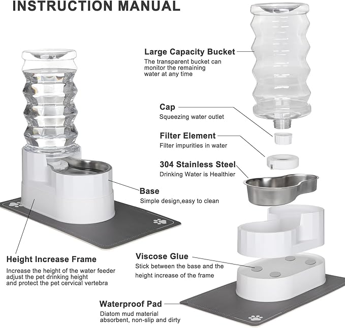 Sfozstra Large Dog Water Dispenser: 8L Automatic Stainless Steel White Water Feeder with Waterproof Pad - Raised Edge Water Dispenser for Dogs & Cats Easy Clean-Mewly Pet