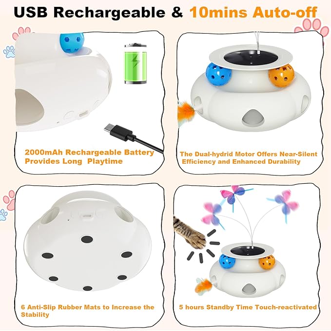 Interactive Cat Toys for Indoor Cats, 3in1 Rechargeable Pet Teaser Toy with Ambush Feather Wand, Fluttering Butterfly and Track Balls, Touch Activated Automatic Kitten Toys with Remote Control-Mewly Pet