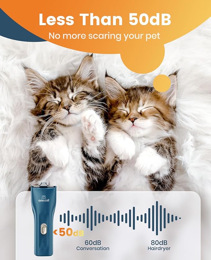 oneisall Quiet Pet Clippers, Cat Clippers for Matted Hair, Cordless Cat Hair Trimmer for Paw, Waterproof Pet Trimmers for Cats, Pet Shaver for Dogs and Cats-Mewly Pet