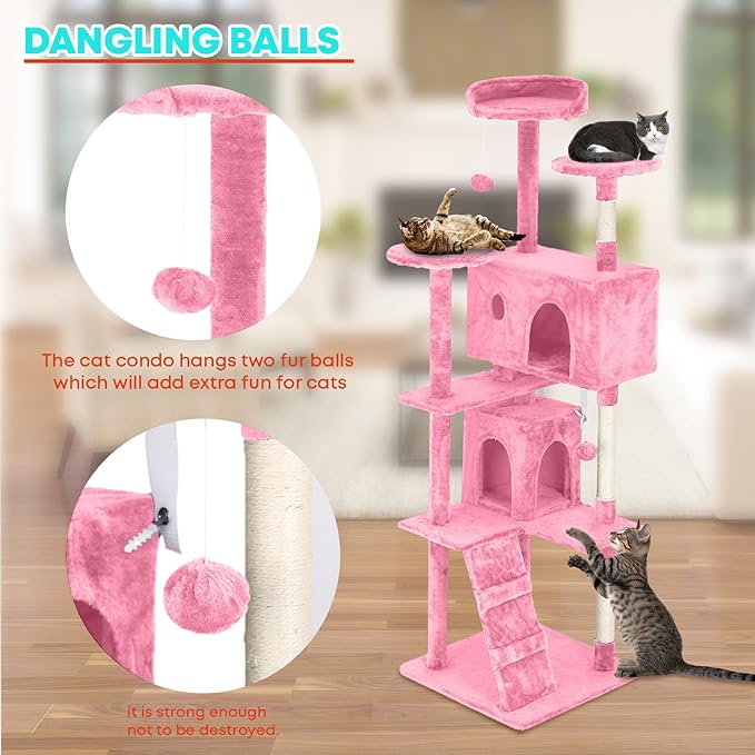 FDW Cat Tree 70in Cat Tower Multi-Level Durable Cat Scratching Post & Cozy Fun Cat Jumping Platform Space Saving Cat Condo Pet Play House for Indoor Cats,Pink-Mewly Pet