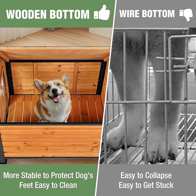 Dog House Outdoor with Anti-Chewing Iron Frame, Weatherproof Dog Kennel with Porch and Raised Feet for Small Medium Large Dogs Indoor (Brown, 45" x 32.9" x 32.6")-Mewly Pet