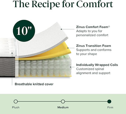 ZINUS 10 Inch Support Plus Pocket Spring Hybrid Mattress, Queen, Strong Coils for Durable Support, Pocket Innersprings for Motion Isolation, Mattress in A Box