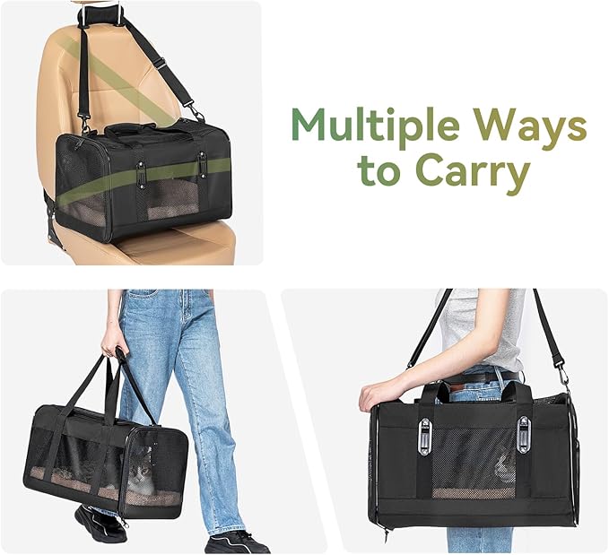Petsfit 19x12x12 Pet Carrier for Large Cats (up to 20 lbs), Soft-Sided Small Dog Travel Carrier, Upgraded with Patented Buckle and Soft Padding, Ideal for Car Road Trips,Black-Mewly Pet