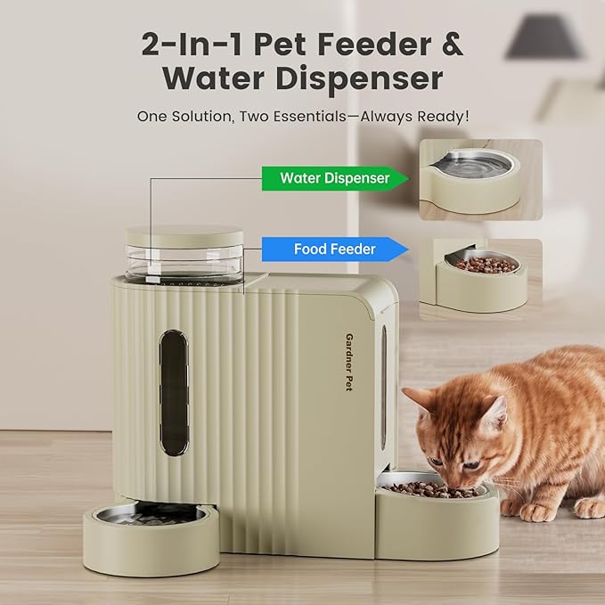 Gardner Pet Gravity Automatic 2-in-1 Pet Feeder, 0.8 Gallons*2 Cat Feeder and Water Dispenser Set, 100% BPA-Free Feeder and Stainless Steel Water Dispenser for Dogs, Cats, Rabbits, Puppies (Beige)-Mewly Pet