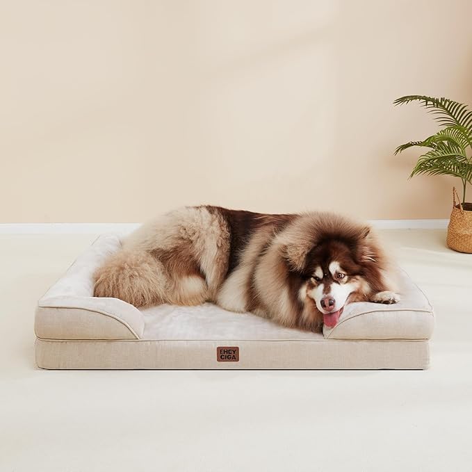 EHEYCIGA Orthopedic Dog Beds for Extra Large Dogs, Waterproof Memory Foam XXL Dog Bed with Sides, Non-Slip Bottom and Egg-Crate Foam Big Pet Couch Bed with Washable Removable Cover, Beige-Mewly Pet