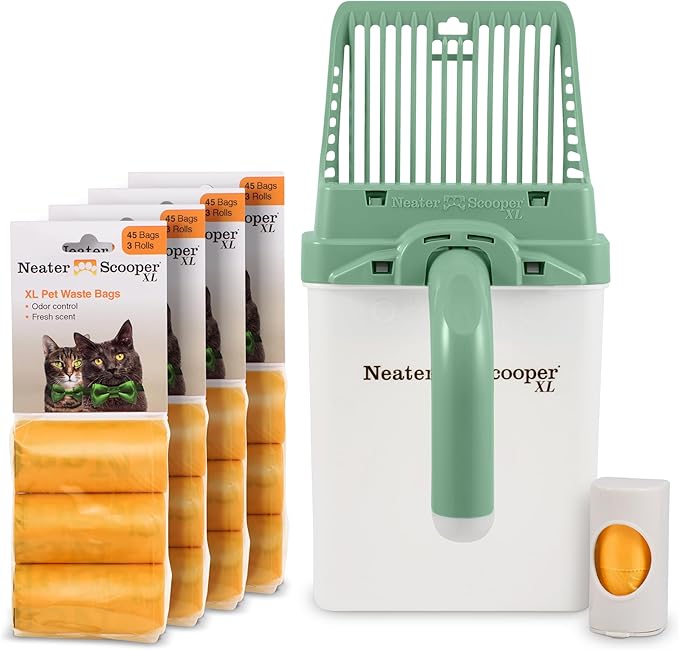 Neater Pet Brands Neater Scooper XL Cat Litter Scoop, 195 Refill Bags – Extra-Large Capacity Mess-Free Cat Litter Scooper with Bag for Large & Multiple Cats, Spill-Proof Litter Box Scooper with Holder-Mewly Pet