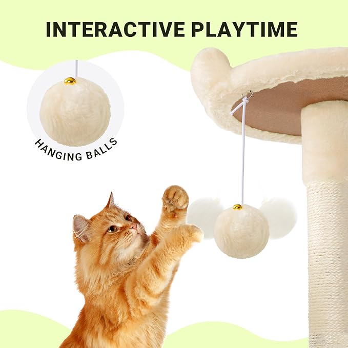 Allewie 64 Inches Cat Tree Tower/Multi-Level Activity Center for Indoor Big Felines/2 Plush Condos/2 Perchs/Basket/House/Sisal Scratching Posts/Hanging Cat Toys/Beige-Mewly Pet