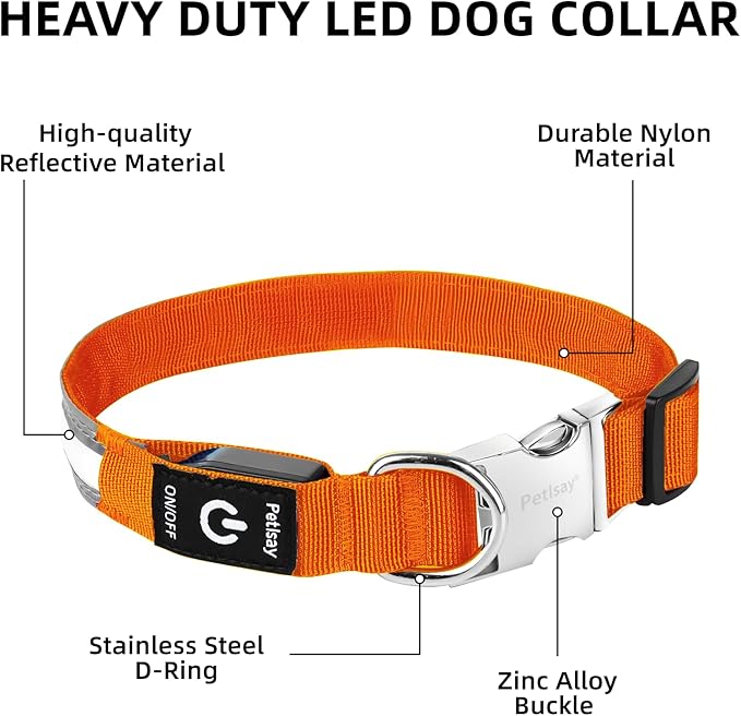 PetIsay LED Dog Collar Metal Buckle - Heavy Duty Light up Collars - Rechargeable IP68 Waterproof - Lighted Dog Collar for Night Walking, Hiking, Camping (Medium, Orange)-Mewly Pet