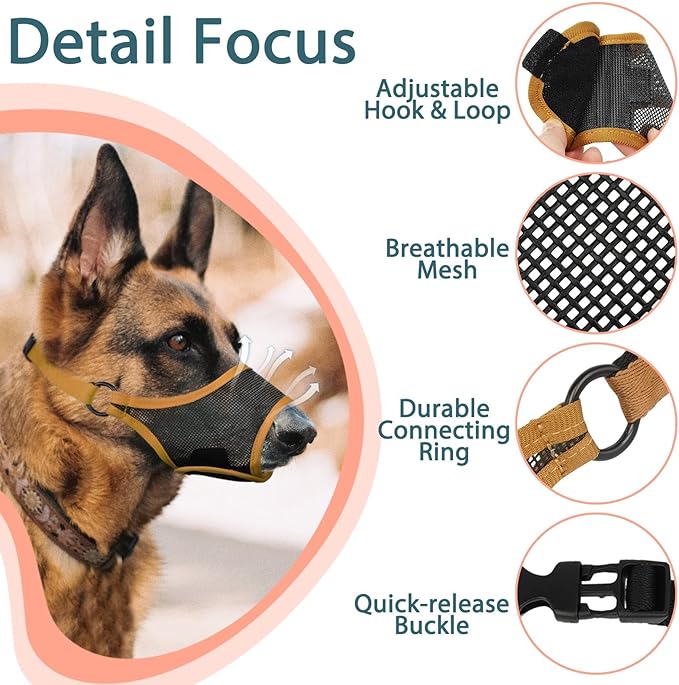 LUCKYPAW Dog Muzzle, Mesh Muzzle for Large Medium Small Dogs, Soft Mouth Guard for Biting Chewing, Breathable Mouth Guard with Adjustable Strap for Training(Brown, M(Snout:8.75"-9.5"))-Mewly Pet