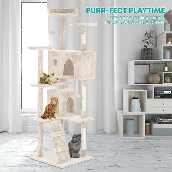FDW Cat Tree 70in Cat Tower Multi-Level Durable Cat Scratching Post & Cozy Fun Cat Jumping Platform Space Saving Cat Condo Pet Play House for Indoor Cats,Beige-Mewly Pet